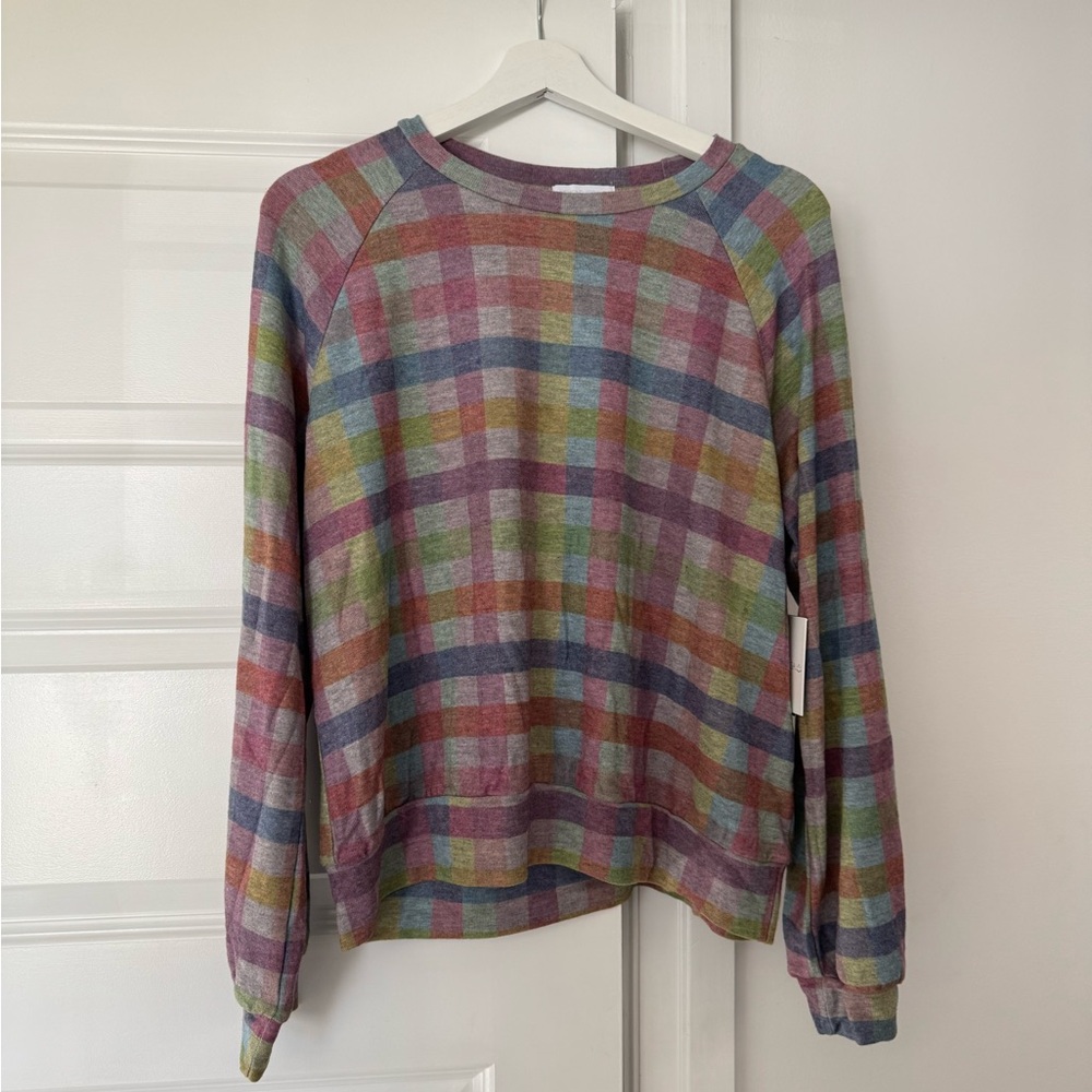 NWT Beyond Yoga Relaxed Raglan Pullover Pastel Gingham Medium